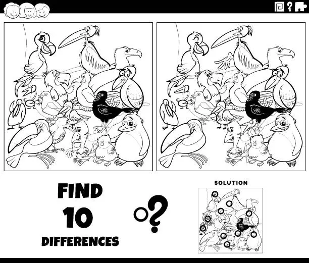 Vector illustration of differences game with cartoon birds characters coloring page