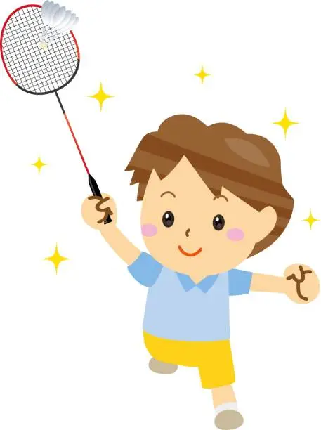 Vector illustration of A cheerful boy with a smile playing badminton / illustration material (vector illustration)