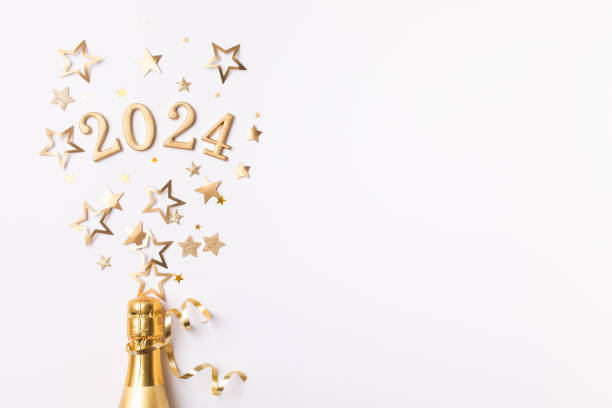 creative christmas and new year composition with golden champagne bottle, party streamers, confetti stars and 2024 numbers. - confetti new years day new year christmas imagens e fotografias de stock