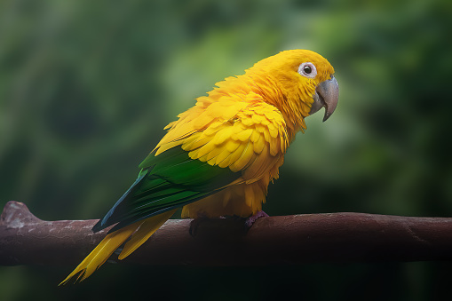 Close-up of a wild blue and yellow parrot on green nature background. Ultra high resolution image.
