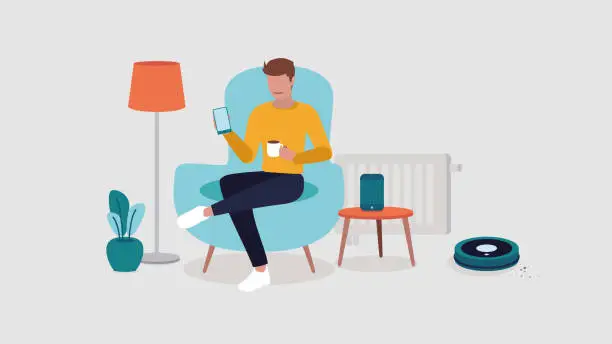 Vector illustration of A person is relaxing in a chair holding a smartphone surrounded by smart home objects - smart home concept