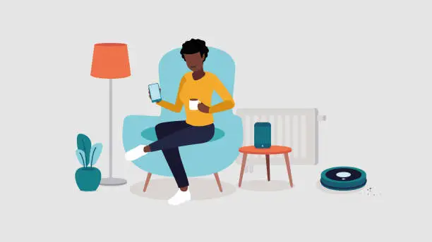 Vector illustration of A person is relaxing in a chair holding a smartphone surrounded by smart home objects - smart home concept