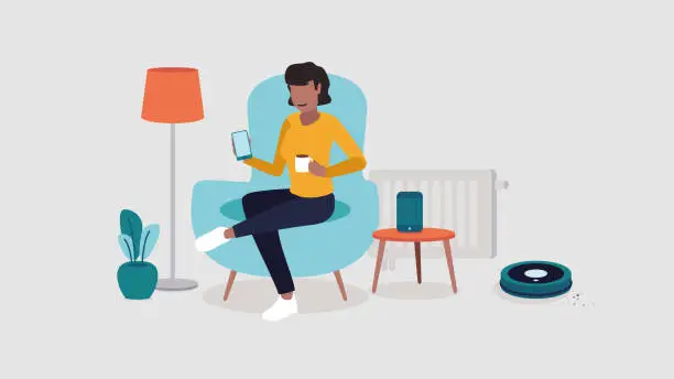 Vector illustration of A person is relaxing in a chair holding a smartphone surrounded by smart home objects - smart home concept