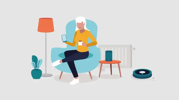 Vector illustration of A person is relaxing in a chair holding a smartphone surrounded by smart home objects - smart home concept