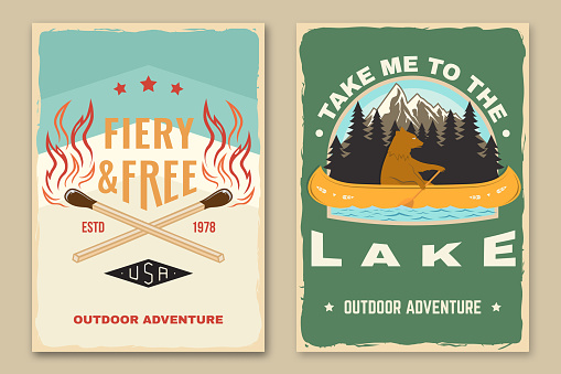 Set of camping retro posters. Vector illustration. Vintage typography design with bear in canoe, lake, forest, matches stick, burning lighter match. Summer camp