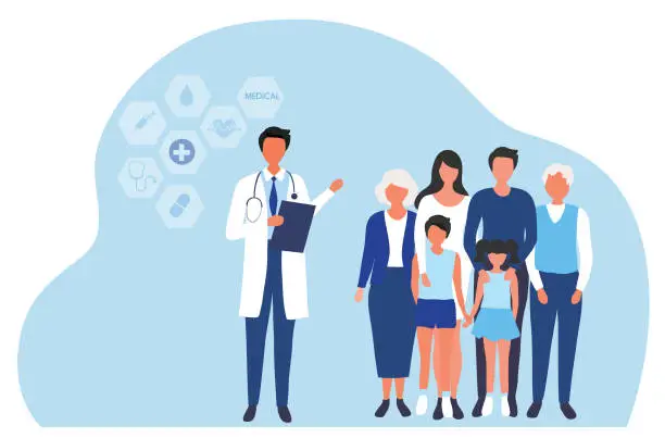 Vector illustration of Family doctor health care concept, mother, father, children and older people visiting doctor to check their health vector illustration. Medical family health care concept