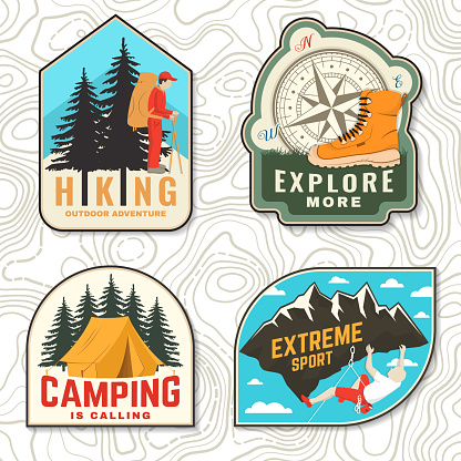 Set of camping patch, sticker. Outdoor adventure vector badge. Vintage typography design with forest pine tree and hiker, hiking boots and compass, camping tent, climber on the mountains and forest.