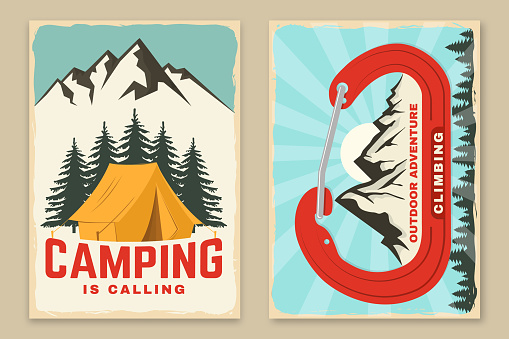 Set of camping retro posters. Vector. Vintage typography design with forest pine tree, camping tent, mountain and old metal climbing ice-axe silhouette. Outdoors adventure.