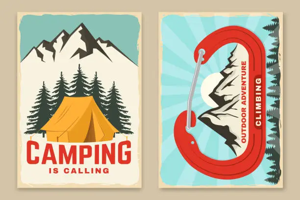 Vector illustration of Set of camping retro posters. Vector. Vintage typography design with forest pine tree, camping tent, mountain and old metal climbing ice-axe silhouette. Outdoors adventure