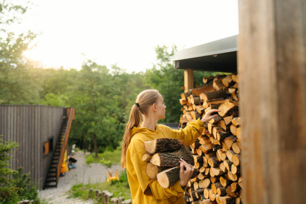 Photo of a young woman bringing the chopped firewood into the house so she can lit a fire. She is trying out a new sustainable lifestyle during her stay in a house rental on a remote location.