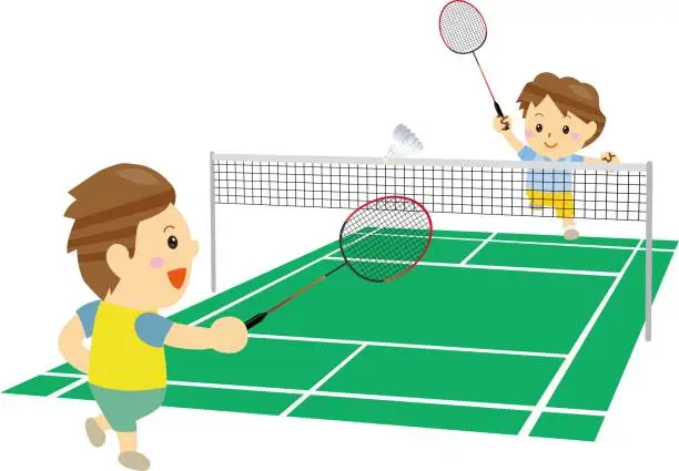 Vector illustration of Two men playing badminton on the court / illustration material (vector illustration)