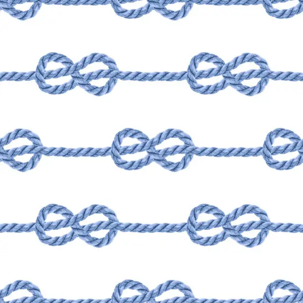 Vector illustration of Blue rope knots horizontal 3D rows seamless pattern