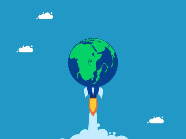 Vector illustration of world changes rapidly. Rocket Earth soars in the sky