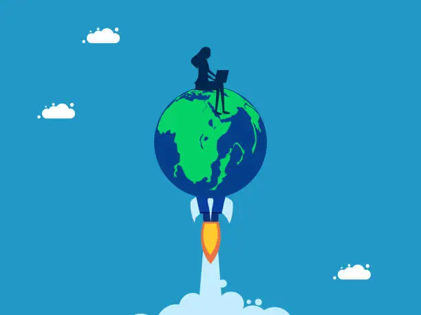 Vector illustration of World business grows. Businesswoman working on rocket earth