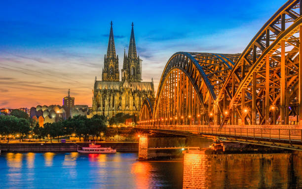 Cologne Koln Germany during sunset, Cologne bridge with cathedral