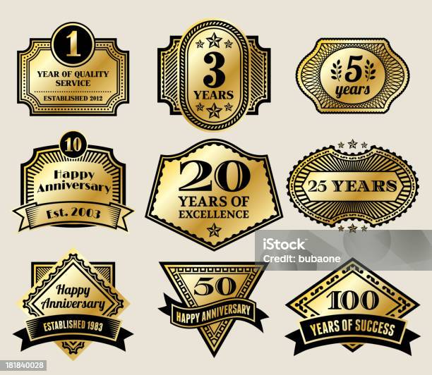 Badge Oro Vintage Anniversario - Immagini vettoriali stock e altre immagini di Anniversario - Anniversario, 10° Anniversario, Dorato - Colore descrittivo