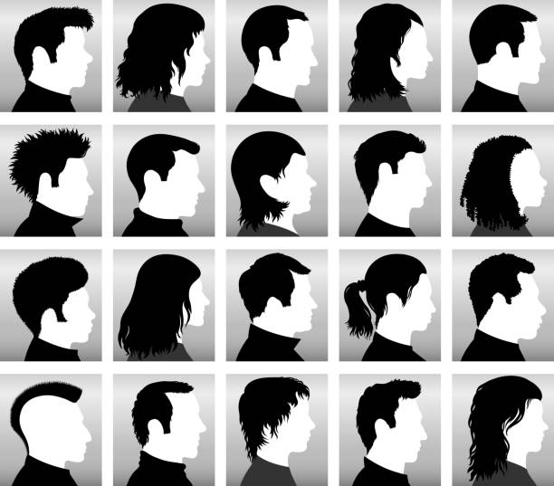 ilustraciones, imágenes clip art, dibujos animados e iconos de stock de personaliza perfil de rostros con peinados & iconos en blanco y negro - ponytail side view women human head