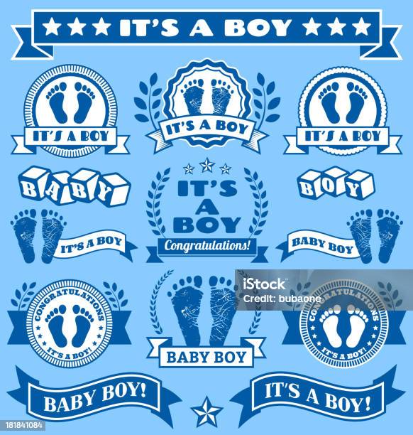 Cest Un Nouveauné Bébé Garçon Footprints Commémoration Du Badge Bleu Collection Vecteurs libres de droits et plus d'images vectorielles de Bébé