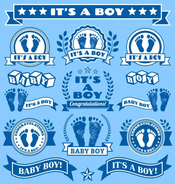 Vector illustration of It's a Boy Newborn Baby Footprints Commemoration Blue Badge Collection