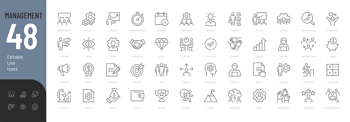 Vector illustration in modern thin line style of business icons: functions, principles, goals, and more. Pictograms and infographics for mobile apps