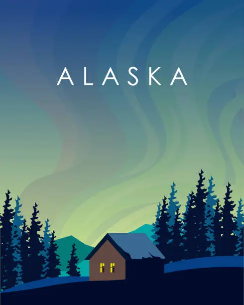 Vector illustration of Alaska travel poster, banner, vertical travel card, postcard, packaging design