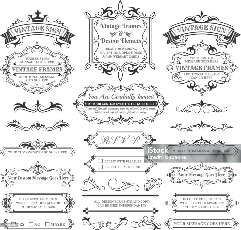 Vintage Labels, Frames and Design Elements with Copy Space Vintage Labels, Frames and Design Elements with Copy Space. Several vintage labels and frames are shown in this image.  All designs and text are written in black.  The background of the image is white.  In each of the vintage designs there is a set of lines that swirl and move, shadowing the left and right sides of the text.  One design frame includes these lines as well as stars.  Border - Frame stock vector