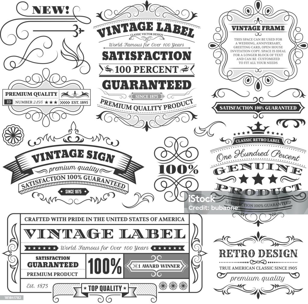 Vintage etiquetas, marcos y elementos de diseño con espacio de copia - arte vectorial de Anticuado libre de derechos