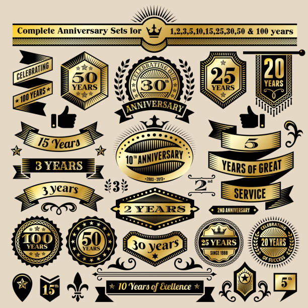 ilustrações, clipart, desenhos animados e ícones de design de aniversário ouro preto & coleção banners, emblemas, e símbolos - old old fashioned black 100th anniversary