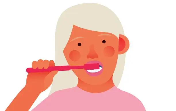 Vector illustration of Cropped Cheerful Child Brush Teeth. Holding Brush in Hand. Modern Flat Vector Illustration.