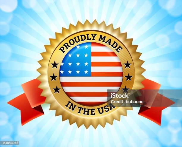 Ilustración de Gráficas Por Ordenador Distintivo De Oro Que Dice Made In America y más Vectores Libres de Derechos de Azul