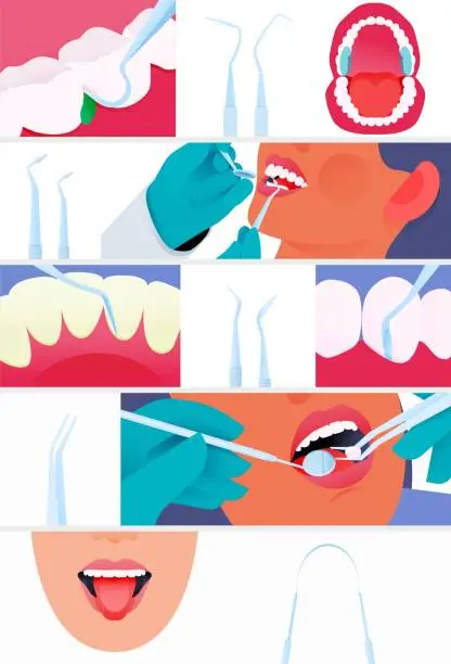 Vector illustration of Dental Oral Tools. Illustrations Set. Cropped White Teeth. Mouth Wide Open with Tongue. Cropped Female Face White Teeth Mouth Open. Face Showing Tongue. Modern Flat Vector Illustration.