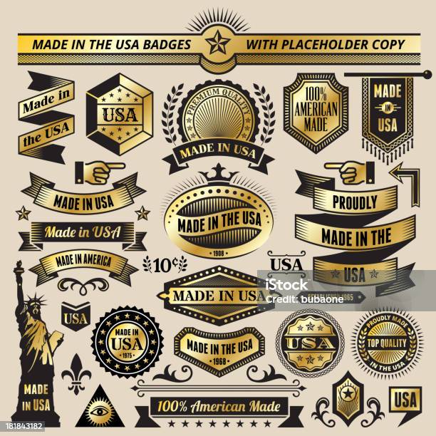 Сделано В Сша Черный Золотой Баннеры Значки И Символы — стоковая векторная графика и другие изображения на тему Золото
