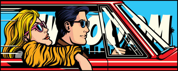 Couple driving automobile in comic book pop art style