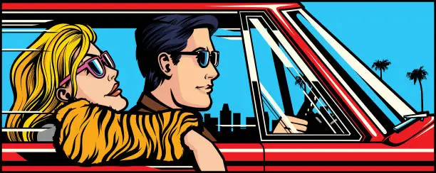 Vector illustration of Couple in the car, pop art