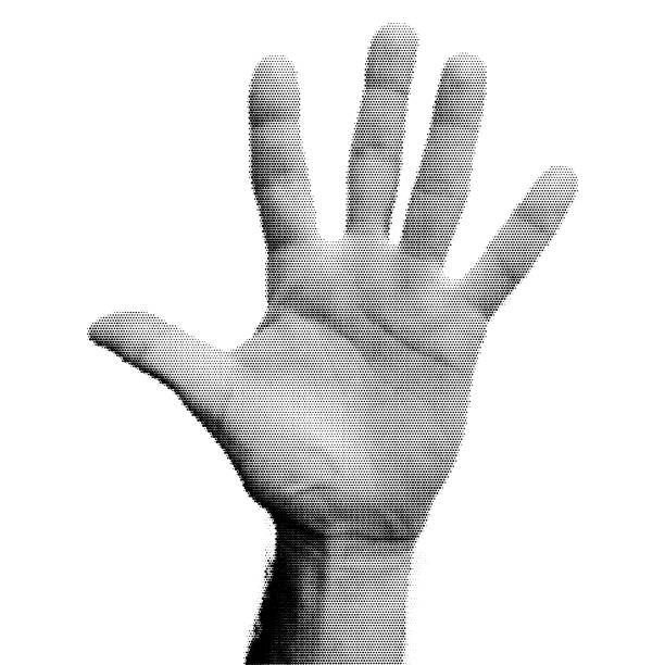 istock Halftone dotted hand open palm for trendy y2k retro collage. Vector textured male arm 1818437008
