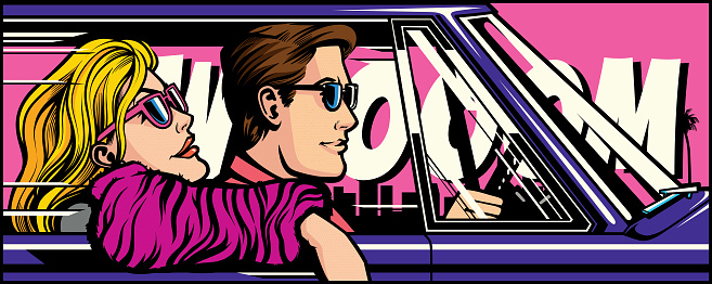 Couple driving automobile in comic book pop art style