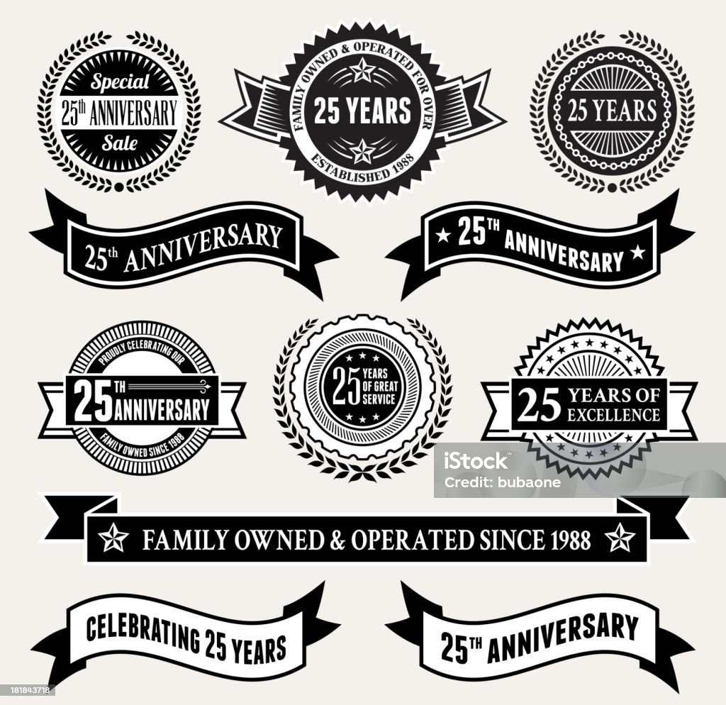 Noir et blanc 25e anniversaire Badge Collection - clipart vectoriel de 25ème anniversaire libre de droits