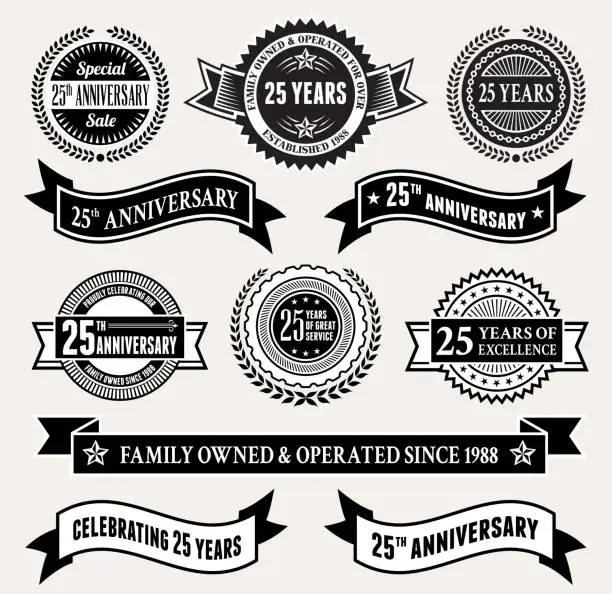 Vector illustration of Black and White 25th Anniversary Badge Collection