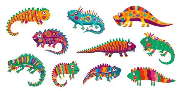 Vector illustration of Cartoon Mexican iguana lizard characters, reptiles