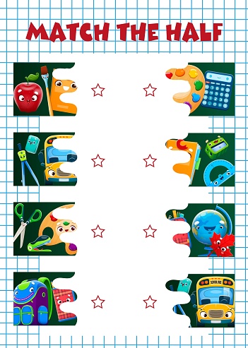 Match the half of school education cartoon characters, kids game quiz. Vector puzzle worksheet with cute education stationeries personages. Funny book, school bag, globe, paint and brush matching game