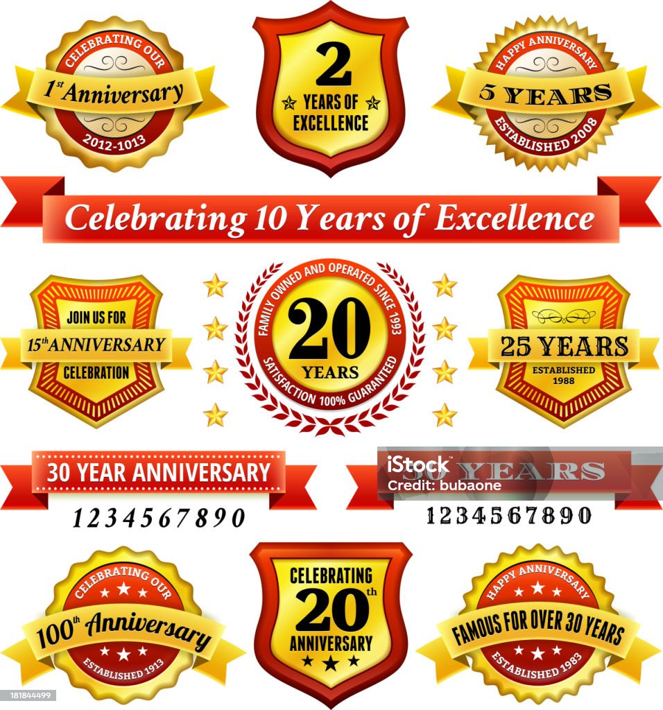 Emblemas de aniversário ouro e vermelho conjunto - Royalty-free Aniversário de 10 anos arte vetorial