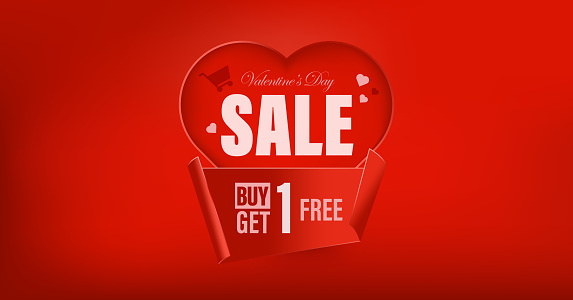 Valentines Day Sale, Buy One Get One Free. BOGO Promotional banner. Heart on red background. Promotion and shopping template.