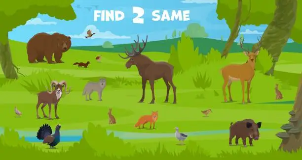 Vector illustration of Find two same forest hunting animals on kids game