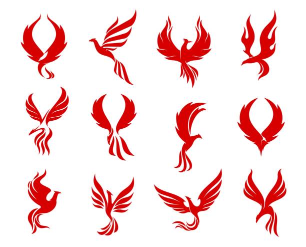 иконки красной птицы феникс, жар-птица на огненных крыльях - phoenix fire tattoo bird stock illustrations