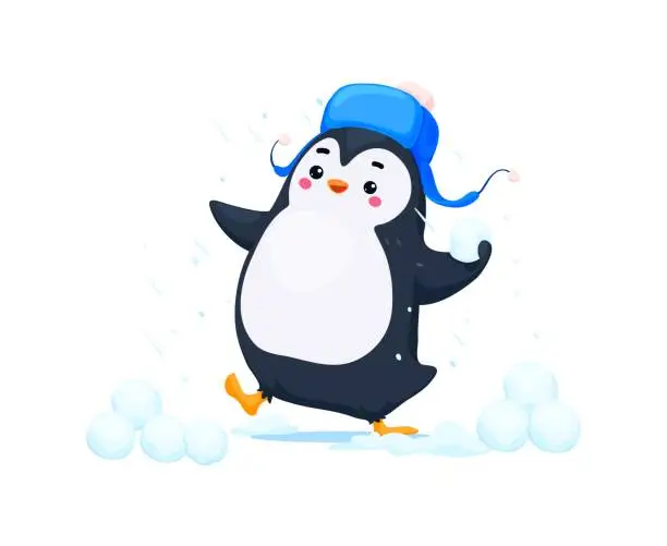 Vector illustration of Cartoon cute funny penguin throwing snowballs