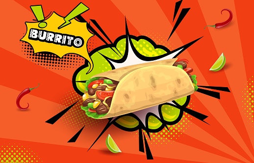 Retro comic halftone bubble with tex mex mexican burrito, vector food. Cartoon tortilla sandwich roll or wrap with salad, chicken meat and spicy vegetables, chili and corn, mexican restaurant menu
