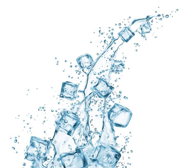 ilustraciones, imágenes clip art, dibujos animados e iconos de stock de salpicadura de flujo de agua líquida con cubitos de hielo en vertido - waterfall falling water water backgrounds