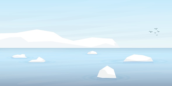 Ice floes and iceberg in the Arctic Ocean vector illustration. Snow landscape concept have blank space.