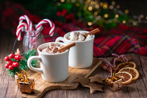 Hot cocoa or chocolate with marshmallows. Christmas traditional decor, New Year festive arrangement.