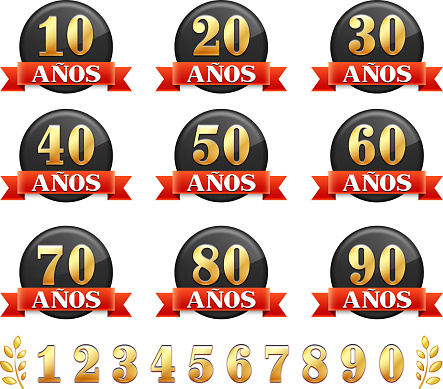 Spanish Language Custom Anniversary Badges Red and Gold Collection Background